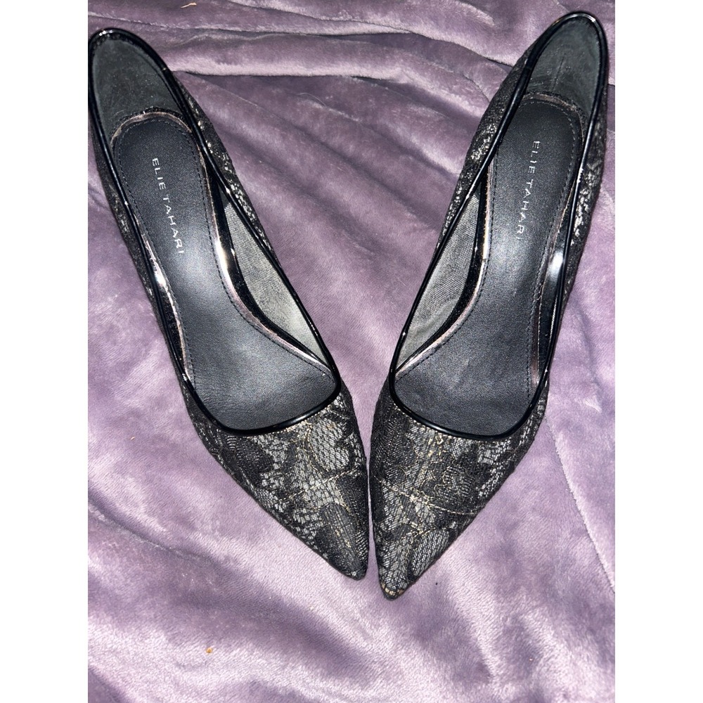 Elie Tahari Pointed‎ Toe Heels Black With Gold Trim Lace Pumps